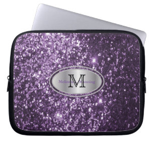 Elegant Monogram Purple Glitter and Silver Laptop Sleeve