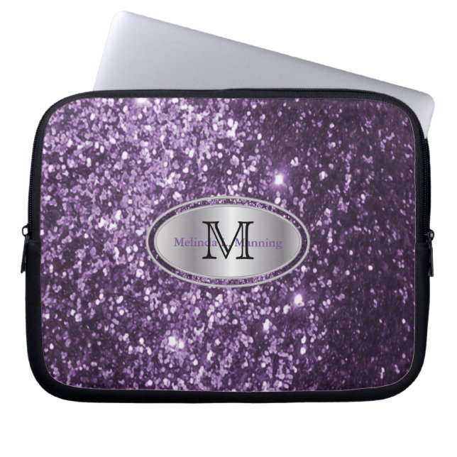 Elegant Monogram Purple Glitter and Silver Laptop Sleeve (Front)