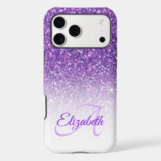 Elegant Monogram Purple Glitter Ombre First Name iPhone 17 Pro Max Case