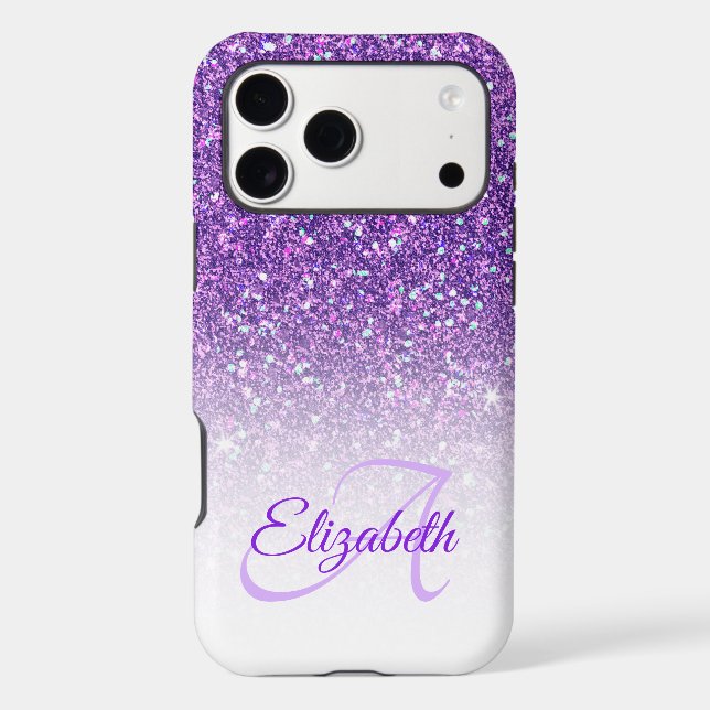 Elegant Monogram Purple Glitter Ombre First Name iPhone Case (Back)