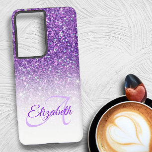 Elegant Monogram Purple Glitter Ombre First Name Samsung Galaxy S21+ Case