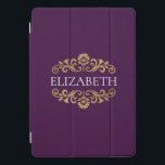 Elegant Monogram purple Gold Chic iPad Pro Cover<br><div class="desc">An elegant purple and gold ipad case. Great for back to school. Add your name between the gold floral flourish on the front. Designed for you by Blackberry Boulevard.</div>