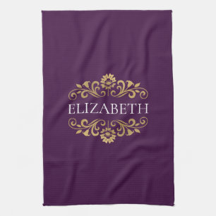 Elegant Monogram Purple Gold Kitchen Towel