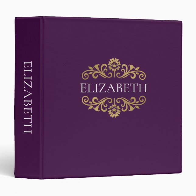 Elegant Monogram Purple Gold Office School Binder (Front/Spine)