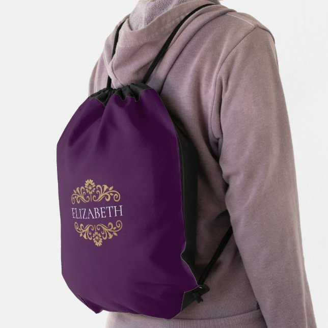 Elegant Monogram Purple Gold School Drawstring Bag (Insitu)