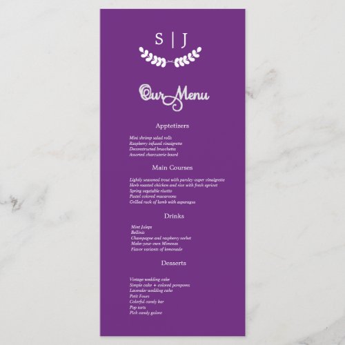 Elegant Monogram Purple Jewel Tone Dinner Menu