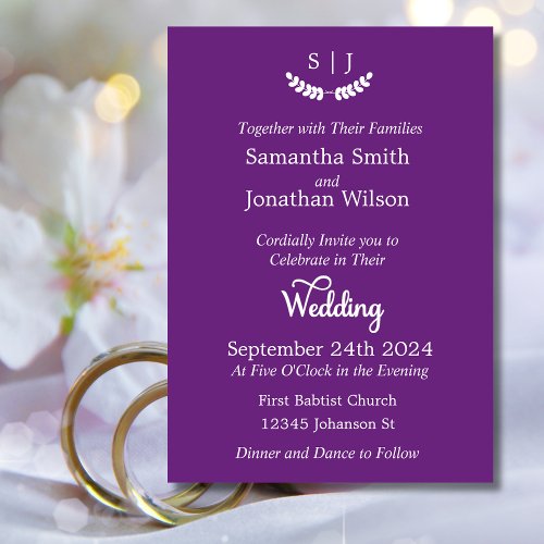 Elegant Monogram Purple Jewel Tone Wedding Invitation