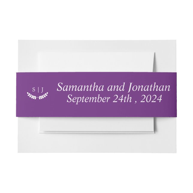 Elegant Monogram Purple Jewel Tone Wedding  Invitation Belly Band (Front Example)