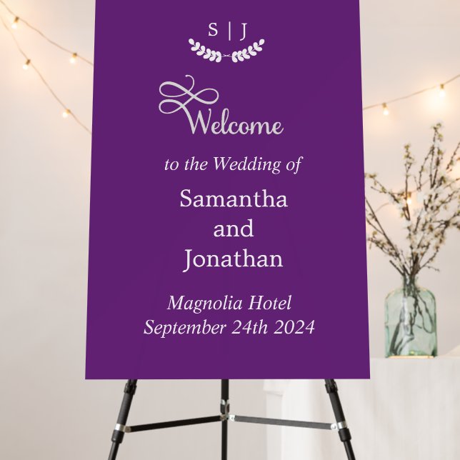 Elegant Monogram Purple Jewel Tone Wedding Welcome Foam Board (In Situ (Stand))