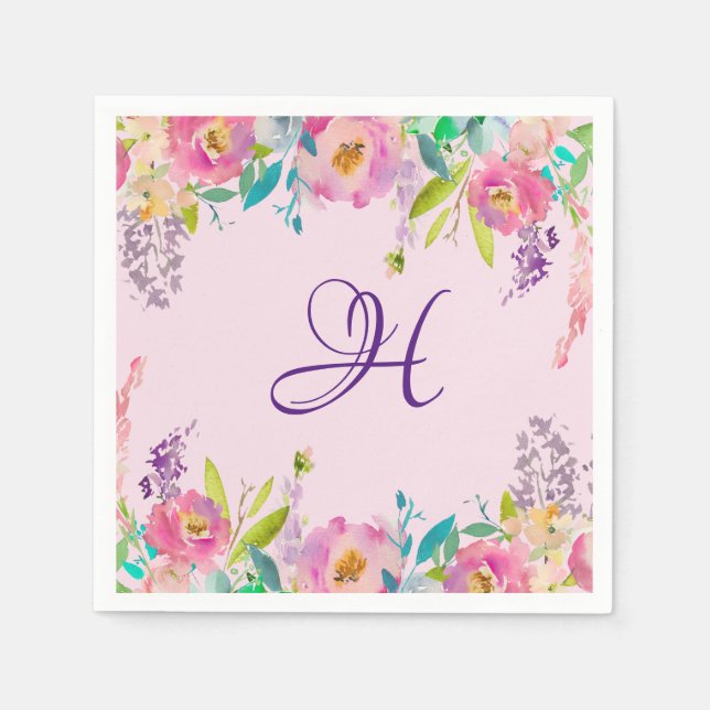 Elegant Monogram Purple Pink Spring Floral Napkins (Front)