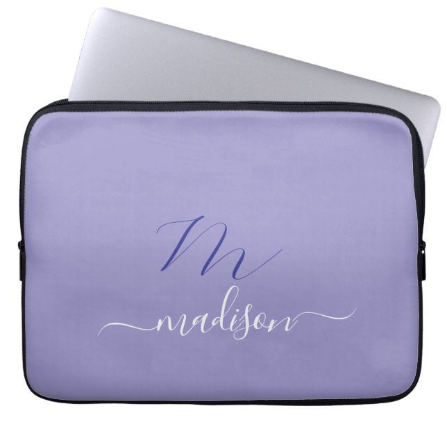 Elegant Monogram Purple Script Office School Laptop Sleeve (Front)