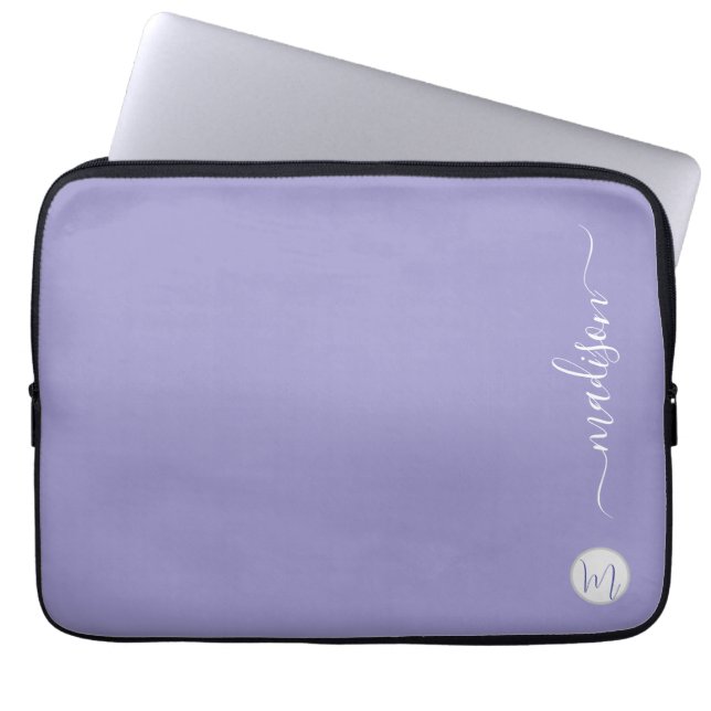 Elegant Monogram Purple Script Office School Laptop Sleeve (Front)