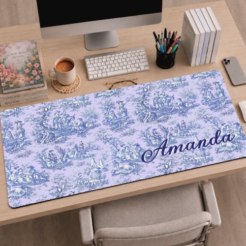 Elegant Monogram Purple Teal Toile De Jouy Desk Mat
