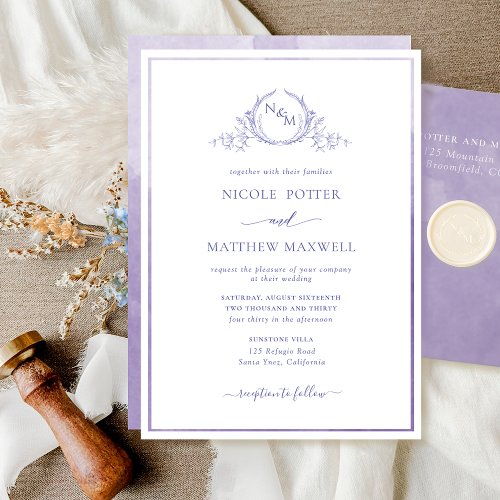 Elegant Monogram Purple Watercolor Wedding Invitation