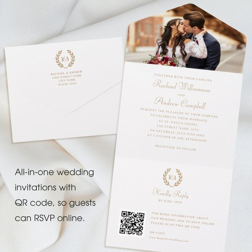Elegant Monogram QR Code Gold White Wedding All In One Invitation