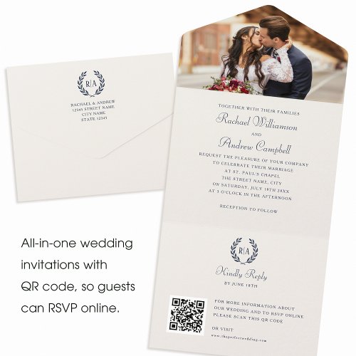 Elegant Monogram QR Code Navy Blue Wedding All In One Invitation