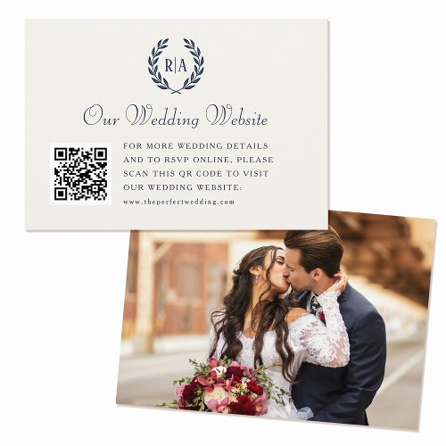 Elegant Monogram QR Code Navy Blue Wedding Enclosure Card