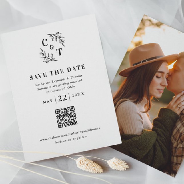 Elegant Monogram  QR Code Photo Wedding Save The Date (Minimal Greenery Leaves Monogram Wedding Photo Save the Date with QR Code.)