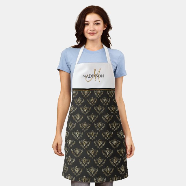 Elegant Monogram, Queen Bee, Black and Gold Apron (Worn)