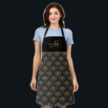Elegant Monogram, Queen Bee, Black with Gold Apron<br><div class="desc">Add your own initial and name and make this gorgeous queen bee apron your very own! Exquisite queen bee pattern with black background and bees in faux gold. Top area in black with gold tone name initial in hand written Script and name in block typography. Gold stripe joining both black...</div>