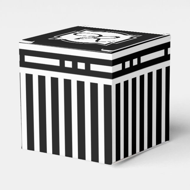 Elegant Monogram R Striped Black and White Favor Boxes (Front Side)
