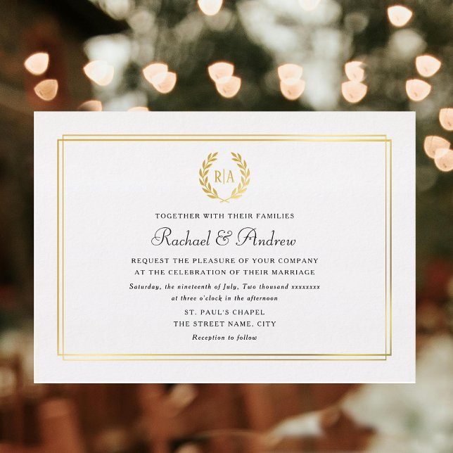 Elegant Monogram Real Gold Foil Wedding Wreath Invitation (Creator Uploaded)