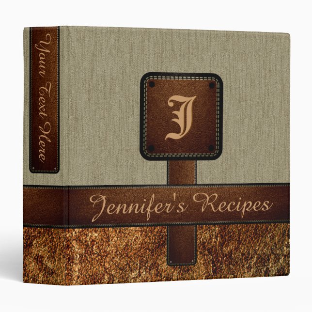 Elegant Monogram Recipe Leather Look #3 Binder (Front/Spine)