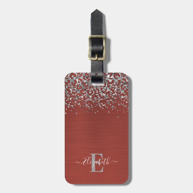 Elegant Monogram Red Brushed Metal Luggage Tag (Front Vertical)