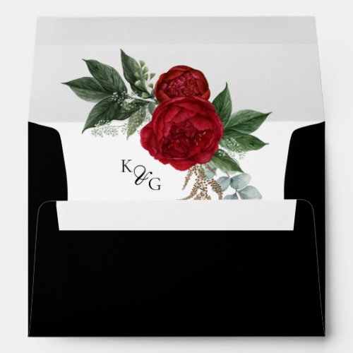 Elegant Monogram Red Floral Black  White Wedding Envelope
