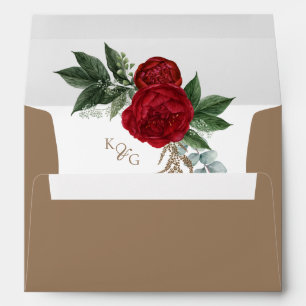 Elegant Monogram Red Floral Gold Monogram Wedding Envelope