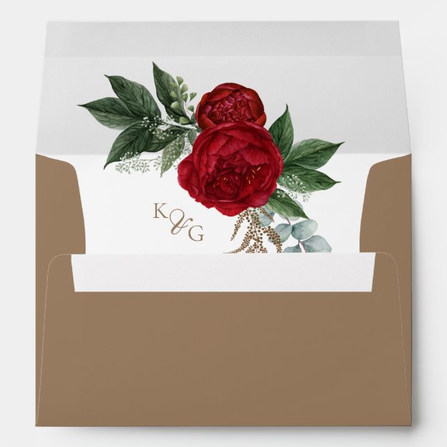 Elegant Monogram Red Floral Gold Monogram Wedding Envelope (Back (Bottom))