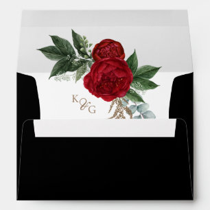 Elegant Monogram Red Floral Gold Monogram Wedding Envelope
