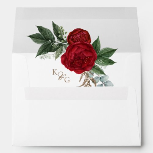 Elegant Monogram Red Floral White Monogram Wedding Envelope