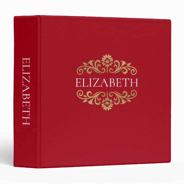 Elegant Monogram Red Gold Office School 3 Ring Binder (Front/Spine)