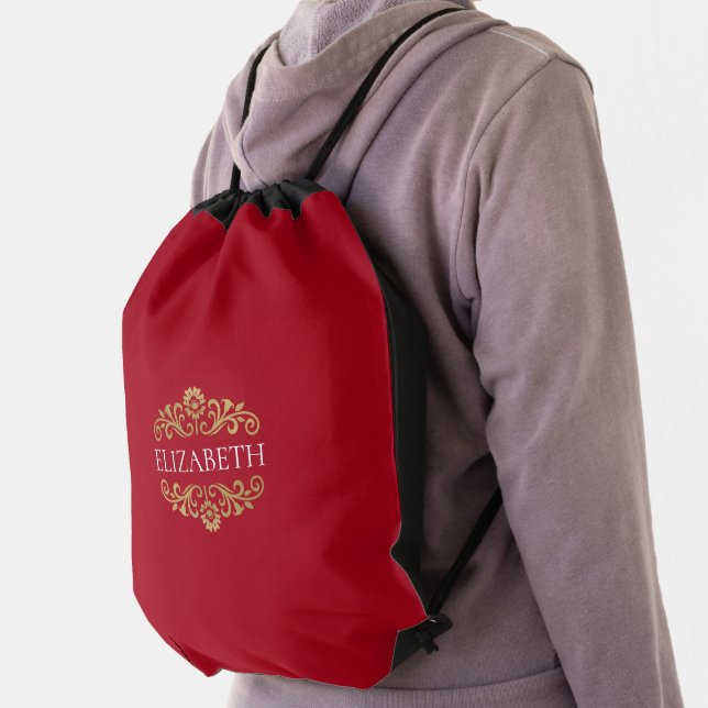 Elegant Monogram Red Gold School Drawstring Bag (Insitu)
