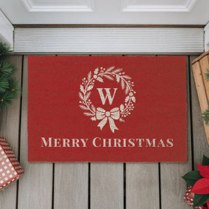 Elegant Monogram Red Merry Christmas Fiber Doormat