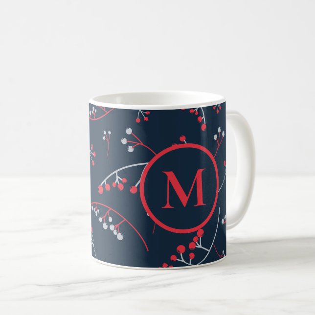 Elegant monogram red pastel gray berry pattern coffee mug (Front Right)