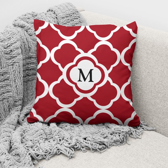 Elegant Monogram Red Quatrefoil Pattern Throw Pillow (Creator Uploaded)