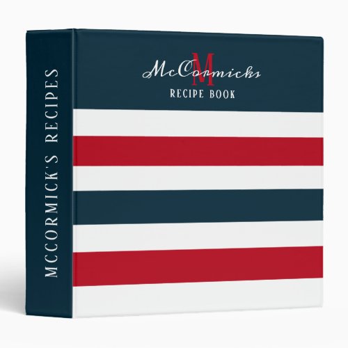 Elegant Monogram Red White Blue Family Recipe Book 3 Ring Binder