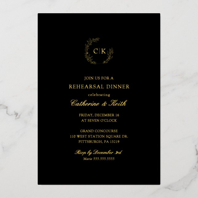 Elegant Monogram Rehearsal Dinner Foil Invitation (Front)
