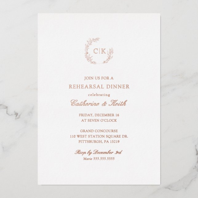 Elegant Monogram Rehearsal Dinner Foil Invitation (Front)