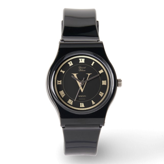 Elegant Monogram Roman Black Faux Gold Watch (Front)