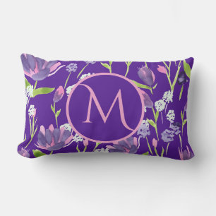 Elegant Monogram Romantic Pink Purple Floral  Lumbar Pillow