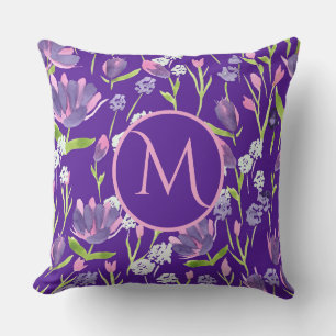 Elegant Monogram Romantic Purple Feminine Floral Throw Pillow