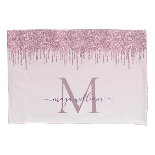 Elegant Monogram Rose Glitter Drips Pillow Case