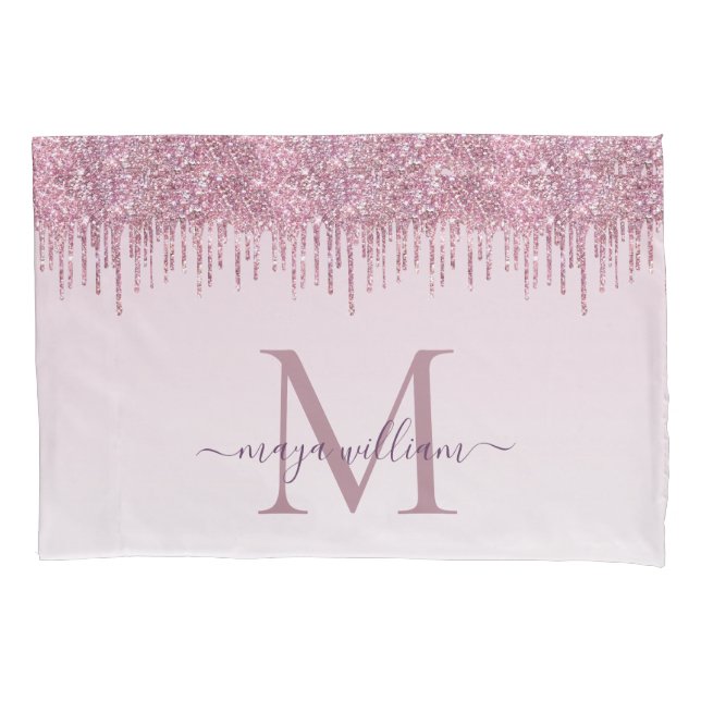 Elegant Monogram Rose Glitter Drips  Pillow Case (Front)