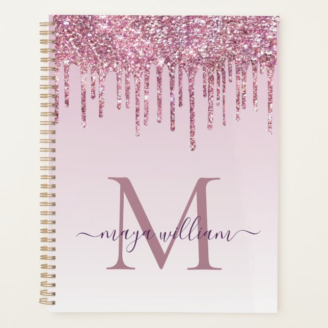 Elegant Monogram Rose Glitter Drips Planner (Front)