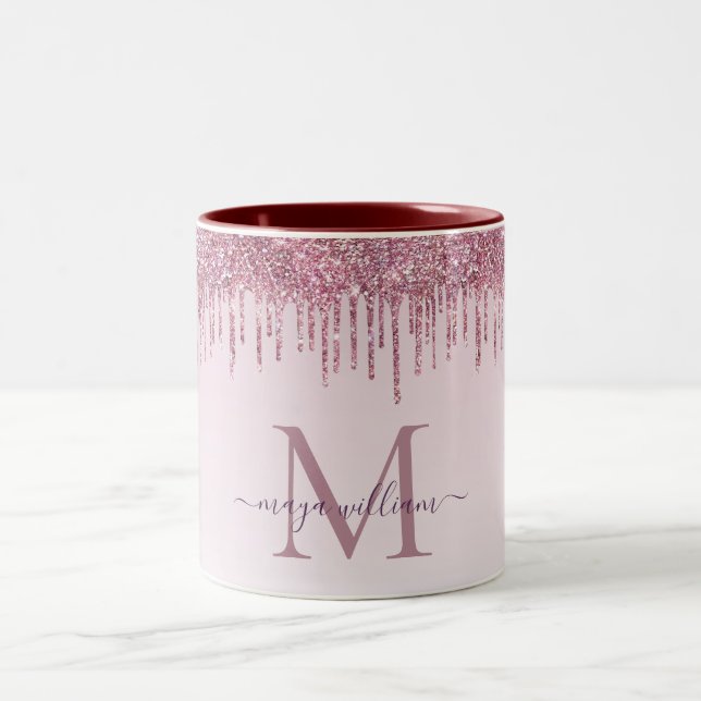 Elegant Monogram Rose Glitter Drips  Two-Tone Coffee Mug (Center)