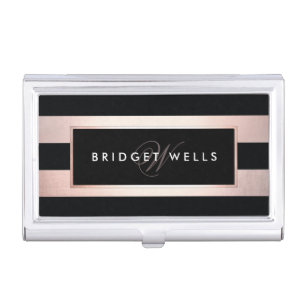 Elegant Monogram Rose Gold and Black Stripes Business Card Holder