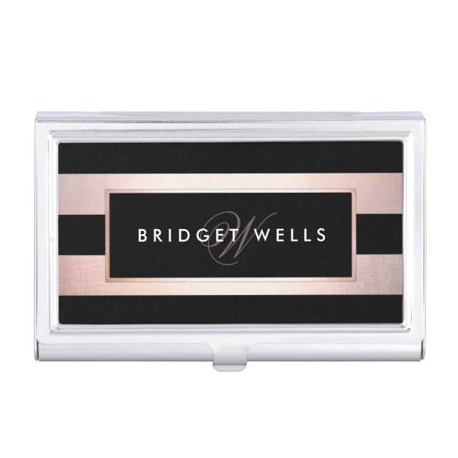 Elegant Monogram Rose Gold and Black Stripes Business Card Holder (Front)